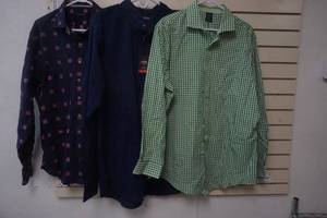 lot 84 image: New XXL Long Sleeve Button Up Dress Shirts, Green Checker, Blue and Pink and a Dark Blue