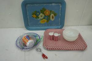 lot 186 image: Tin Trays, Kids Dish Set, glass bowls, Salt & Pepper Shaker and more