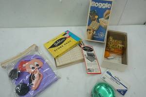 lot 188 image: Boogle. Ash Tray, Mickey Puzzle, Yahtzee Score Pads