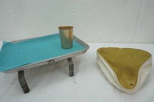 lot 207 image: Vintage Bike Seat Cover, Aluminum cup and Car Window Tray