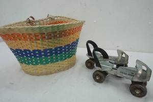 lot 208 image: Vintage Bike Basket and Roller Skates