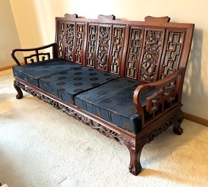 lot 1 image: Vintage Carved Rosewood Sofa  Couch  Vintage Carved Dragon Figurine Rosewood Sofa