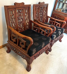 lot 2 image: Pair of Vintage Asian Rosewood Chairs  Pair of Vintage Carved Dragon Figurine Rosewood Chairs