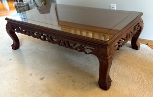lot 14A image: Elegant Vintage Oriental Rosewood Coffee Table with Carved Dragon Figurines