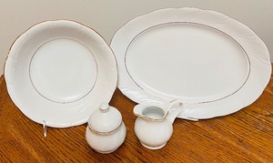 lot 112 image: Beautiful White with Gold Accent Bowl, Platter and Sugar and Cream by DC Jamestown China Allegro