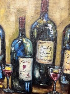 lot 27 image: Signed Still Life Wine Bottle Oil Painting wGold Ornate Frame