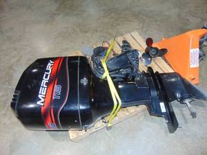lot 1 image: 1999 Mercury 115HP Oil Injected Outboard Motor with ShifterWiring Harness, 14 Cables and 2 Props