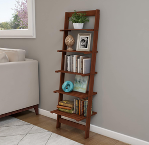 lot 356 image: 5-Tier Wall Shelf - Ladder Style Wood Bookshelf by Lavish Home (Walnut)