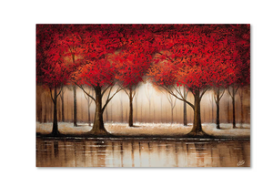 lot 358 image: Parade of Red Trees by Rio Print Hidden Framed Nature Canvas Wall Art 22 in. x 32 in.