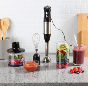 lot 368 image: Classic Cuisine Immersion Blender-4-In-1 6 Speed Hand Mixer Set Whisk, Food Processor Cup, 32oz. Beaker
