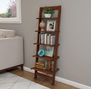 lot 402 image: 5-Tier Wall Shelf - Ladder Style Wood Bookshelf (Walnut)