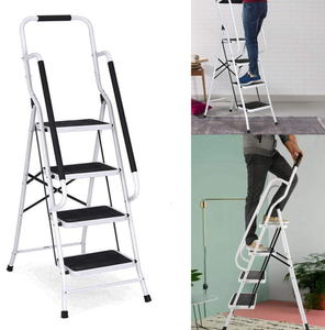 lot 114 image: Step Ladder 4 Steps Foldable with Handrail, Folding Step Made of Steel with Retaining Bracket and Rubberised Steps