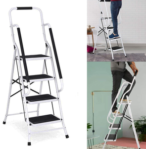 lot 116 image: Step Ladder 4 Steps Foldable with Handrail, Folding Step Made of Steel with Retaining Bracket and Rubberised Steps
