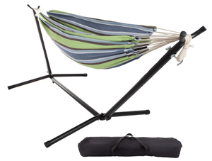 lot 118 image: Double Brazilian Hammock with Stand Included  Woven Cotton, 2-Person, Outdoor Swing with Frame