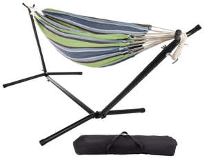 lot 119 image: Double Brazilian Hammock with Stand Included  Woven Cotton, 2-Person, Outdoor Swing with Frame