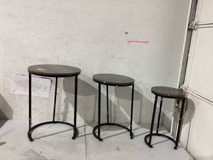 lot 492 image: LOT OF 3 Wood Grain Look Round Nesting Coffee Tables. MISSING HARDWARE
