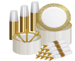 lot 574 image: Zulzzy Elegant Gold Plastic Dinnerware Set of 81 pc