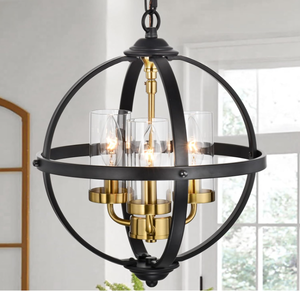 lot 91 image: Rustic Chandelier, Black and Gold Finish Glass Cover Luxurious Hanging Light
