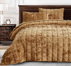 lot 618 image: Caramel Gold Velvet Quilt King Set, 3-Piece Lush Plush Distressed Velvet Bedding All Season Lightweight Comforter