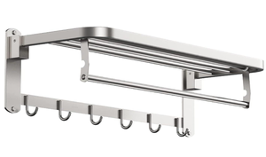 lot 620 image: Floating Shelves Bathroom Shelves Wall Mounted, Foldable Wall Mounted Double Towel Holder with Towel Bar, Measures 23.5 x 12