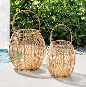 lot 632 image: Members Mark Set of 2 Resin Rattan Lanterns with Flameless Pillar Candles