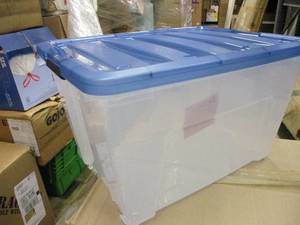 Stack and Pull 53 qt Plastic Bins, 6 bins (2 damaged