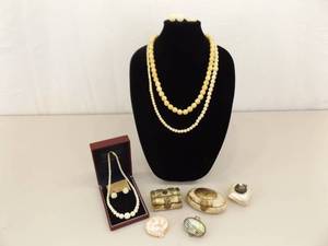 Lot of Bone and Shell Carved Jewelry, Trinket Boxes, etc.