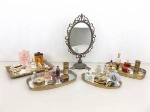 Lot of LOADED Vintage Dresser Trays, Mirror, Rare Powder Tins, Perfumes, etc.