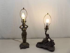 2 Vintage WORKING Art DecoNouveau Cast Metal Figural Goddess Lamps