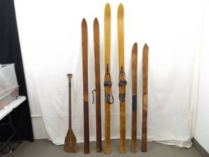 Lot of 3 Pairs of Antique Wood Skis, and an Antique Oar