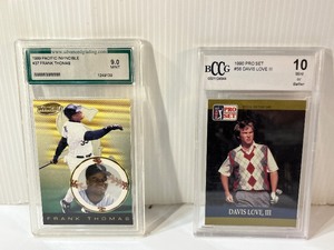 lot 18 image: (2) Graded Trading Cards 1999 Pacific Invincible #37 Frank Thomas Graded 9.0 Mint 1990 Pro Set #56 Davis Love III, 10 Mint