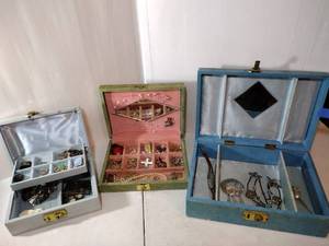 lot 67 image: (3) Jewelry boxes with vintage jewelry, mostly costume but there is probably some sterling.