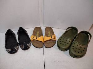lot 105 image: Coach Leatherware flat shoes Birkenstock one-strap sandals size 38 Green Crocs size 11