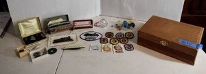 lot 107 image: Vintage Collectibles Natural Stone Pendants Marbles Promotional Screwdriver Harmonicas Cigar Box