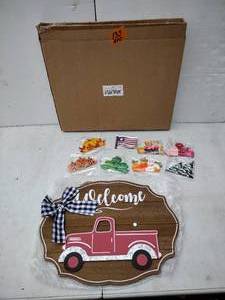 lot 135 image: Winder Truck Welcome Sign for Front Door Red Truck Decor with 6PC Interchangeable Seasonal Icons