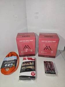 lot 158 image: (2) Easy-Set Mole Traps 20-pc Clay tool set 5-piece grooming kit, 20 ft outdoor extension cord. (RPD)