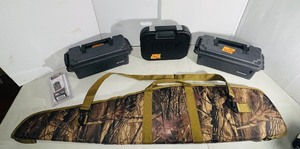 lot 167 image: Camouflage rifle case Taurus 12-round magazine 2 Plano ammo boxes Glock firearm case
