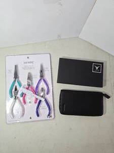 lot 175 image: Hiscow Italian Calfskin Zippered Checkbook and Card Holder, made in Italy new in box  Bead Landing Jewelry Tool Set Pliers