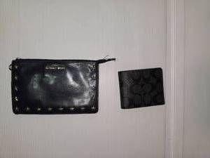 lot 204 image: Navy Blue Michael Kors Zippered Card Holder Wristlet Star Studded Black and grey Coach wallet