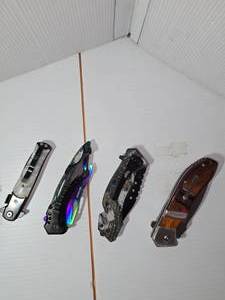 lot 214 image: (4) Pocket Knives Tac-force, Falcon Stiletto , Master  MU-A050 Frost Black Hills with cross on handle(WBL)
