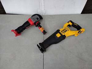 lot 200 image: Milwaukee M18 FUEL 4   5 grinder Cat. No. 2780-20 (tool only). DeWalt brushless 60v reciprocating saw DS389 (tool only)