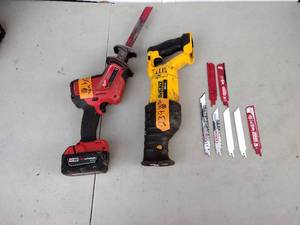lot 239 image: Milwaukee Reciprocating Hackzall Saw Red lithium-ion battery  DeWalt DCS380 Reciprocating saw no battery saw blades