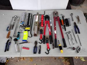 lot 247 image: Assorted tools, bolt cutters, wrenches, sockets and socket wrenches, ratchet straps and more