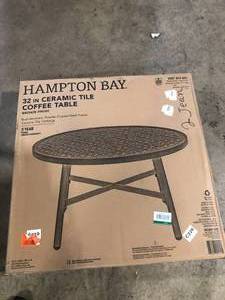 Hampton Bay Mix and Match Round Metal Outdoor Coffee Table with Ceramic Tile Top     Customer Returns See Pictures