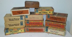 Vintage Variety Cigar Boxes (10) And Wooden Trinket Box.