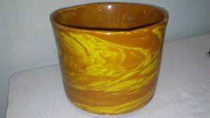 Vintage Italian Gold And Yellow Marbleized Glazed Terra Cotta Pottery Flowerpot.