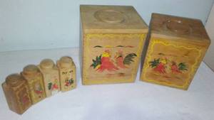 Vintage Wood Kitchen Canisters and S&P Shakers