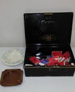 Vintage Old Office Style Metal Ledger Box, With Match Boxes And Ashtrays.