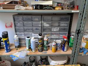 lot 193 image: Lot of (2) Plastic Parts Organizer Cabinets 18-bin with Vacuum Parts, Bolts, Screws, Brackets, Hooks, Eye Screws, Misc. Hardware