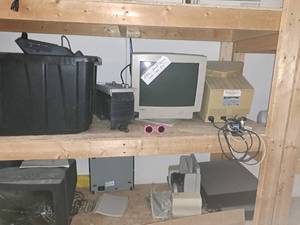 lot 235 image: Contents of Shelf - Misc. Electronics, HP Monitors, Ultra Stereo JB Series Modular Front Rack-Mount Surround Sound Systems, Cinema Film Systems Channel Rack-Mount